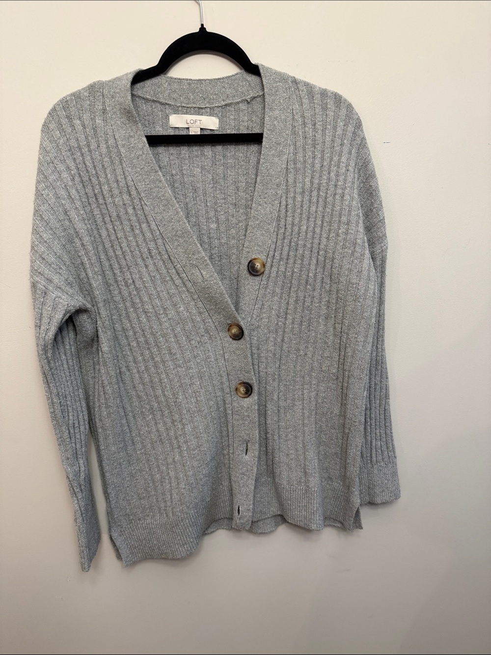 LOFT Light Gray Ribbed V-Neck Button Front Cardigan